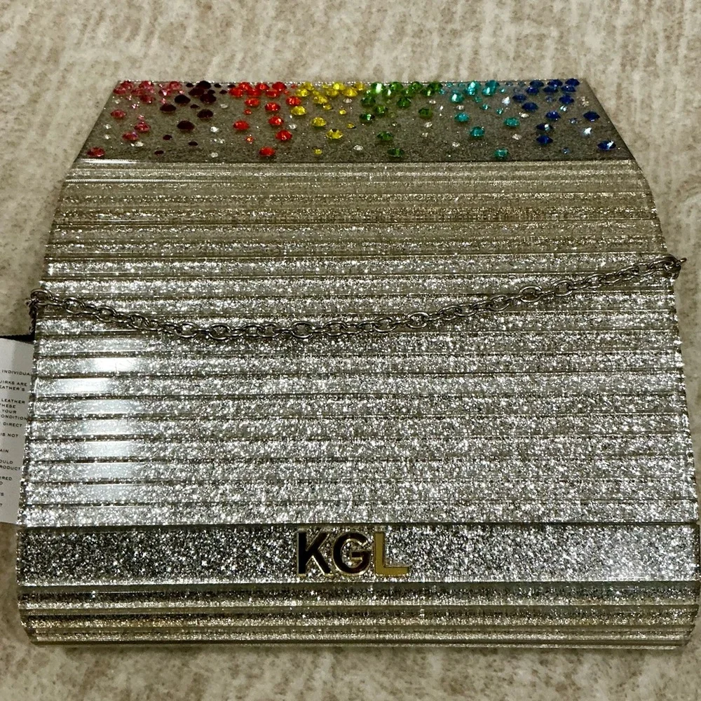 ✨💎NWT💎✨ KURT GEIGER LONDON PARTY SILVER CROSSBODY W/RAINBOW CRYSTALS - Picture 11 of 12